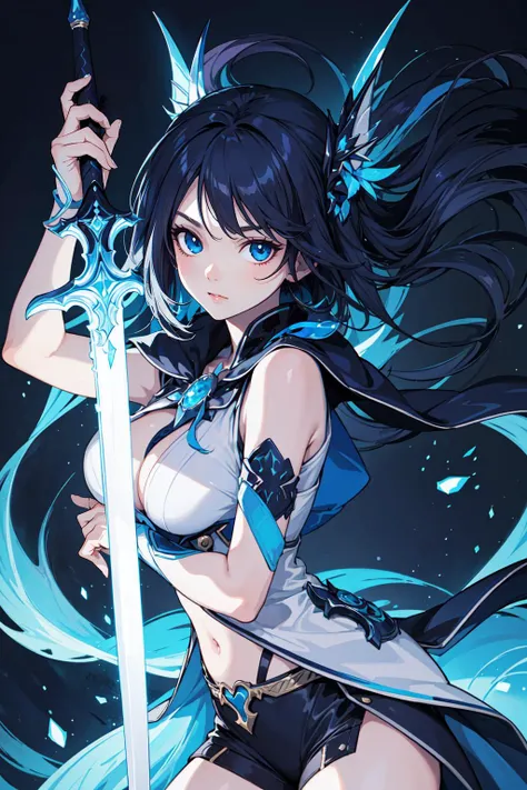 ((masterpiece, best quality)),a girl holding a sword, in the style of dark azure and light azure, mixes realistic and fantastical elements, vibrant manga, uhd image, glassy translucence, vibrant illustrationsã