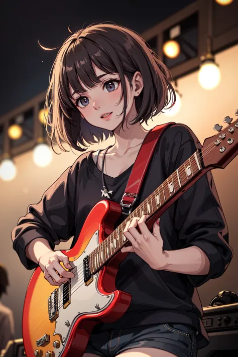 1girl, bobcut, electric guitar, solo focus, (depth of field, ambient lighting, blurry foreground, blurry background:1.3), atmospheric, light flares, intricate details, enhanced lighting