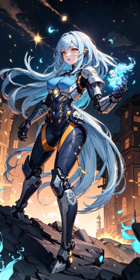 1girl, cyborg, mechanical arms, mechanical legs, upper body, (cybernetic:1.4), battlefield scenery, (skulls, broken houses), war scenery, (blue flames:1.3), blue hair, yellow eyes, (absurdly long hair:1.4), glowing armor, solo focus, magical aura, [depth of field, ambient lighting, blurry foreground, blurry background], ornate armor, massive structures, atmospheric, smokes, (barren fields), (cliff:1.2), (magic circle), heavenly light, godrays, light flares, intricate details, enhanced lighting, starry sky, comets, vast lands, (night:1.2)  <lora:GoodHands-vanilla:1>