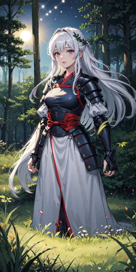 1girl, full body, armor, medieval armor,, meteor shower, grass, leaves, light streak, light particles, solar eclipse, white hair, mushroom forest, glowing forest, forest scenery, atmospheric scenery, hanfu, upper body