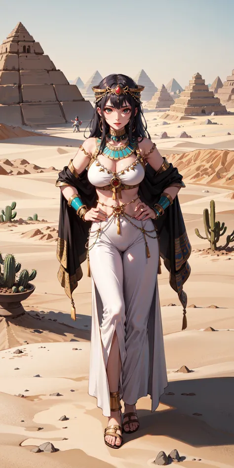 1girl, harem outfit, egyptian armor, full body, desert village, sand dunes, sand, cactus, pyramids, chains, dust, windy, sandstone, desert temple scenery, full body, hands on hips, <lora:GoodHands-vanilla:1>