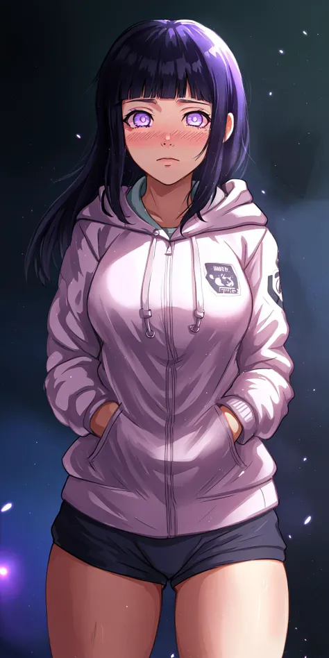 <lora:Hinata:0.8>, hyuuga hinata, empty eyes, lavender eyes, thick thighs, cowboy shot, blush, hoodie, volumetric lighting, light particles