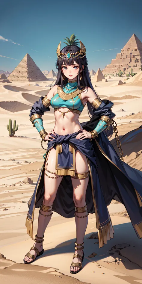 1girl, egyptian armor, full body, desert village, sand dunes, sand, cactus, pyramids, chains, dust, windy, sandstone, desert temple scenery, full body, hands on hips, <lora:GoodHands-vanilla:1>