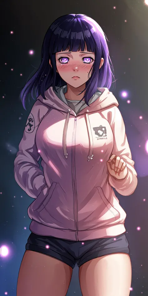 <lora:Hinata:0.8>, hyuuga hinata, empty eyes, lavender eyes, thick thighs, cowboy shot, blush, hoodie, volumetric lighting, light particles