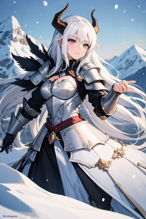 1girl, white hair, long hair, dragon horns, armor, intricate details, shoulder pads, closed mouth, mountain, snow, snowflakes