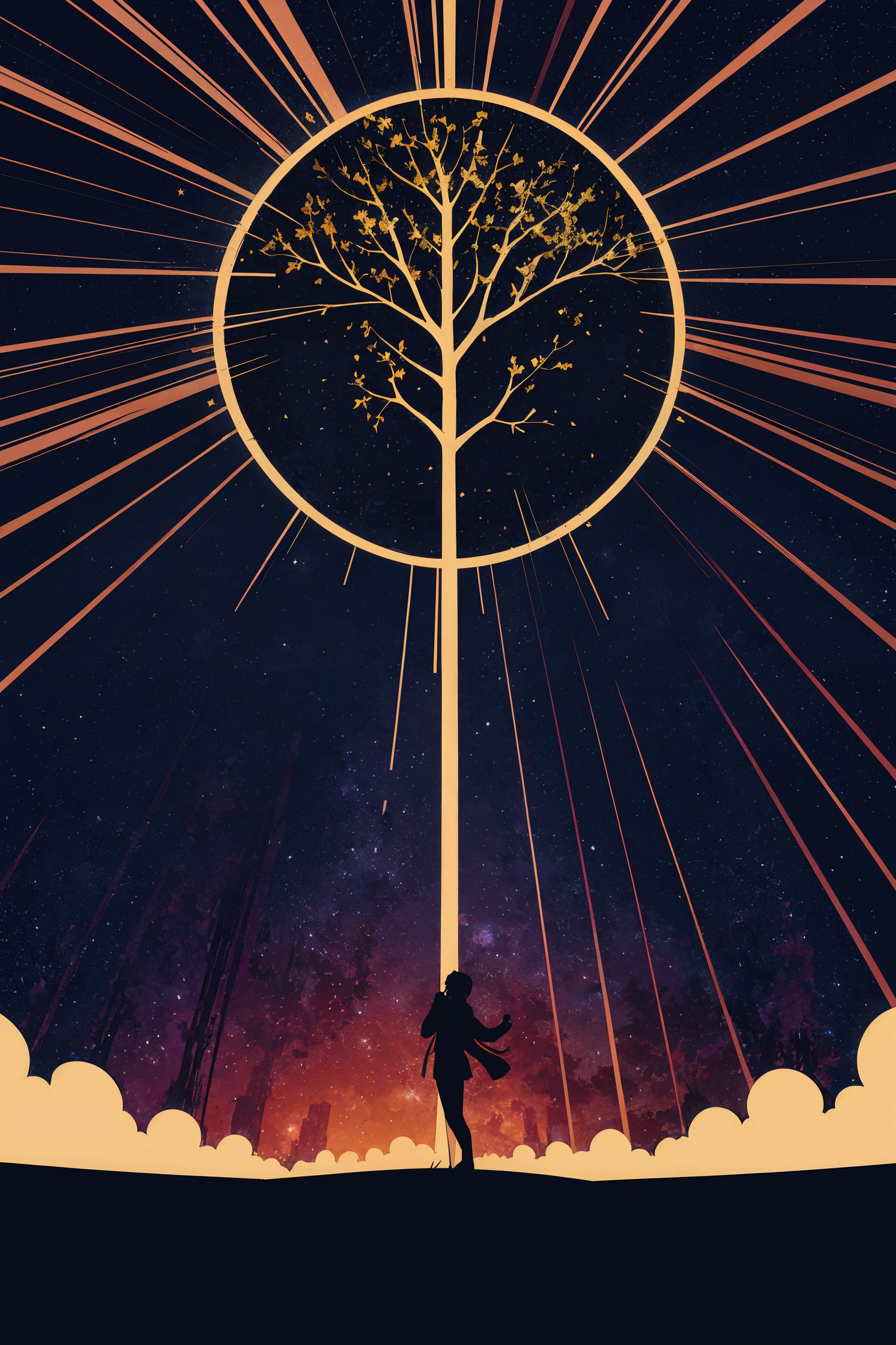 2d vector art illustration of a tree composed of beams of starlight under a night sky