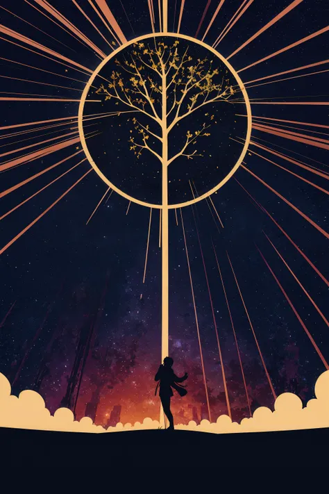 2d vector art illustration of a tree composed of beams of starlight under a night sky