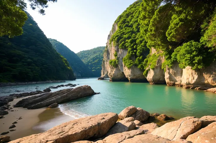 Best quality, masterpiece, ultra high res, (photorealistic:1.21), raw photo,wide shot,Cinematic Light,detailed light,detailed photo,cinematic light,masterpiece_portrait, finely_detailed, intricate_details, detailed_background,Frame the natural beauty of Igidae Park, with its coastal walking trails, the rugged cliffs, and the panoramic views of the sea and the cityscape.,Frame the breathtaking beauty of Taejongdae Cliffs, with its dramatic rock formations, dense forests, and the awe-inspiring views of the sea and the nearby islands.