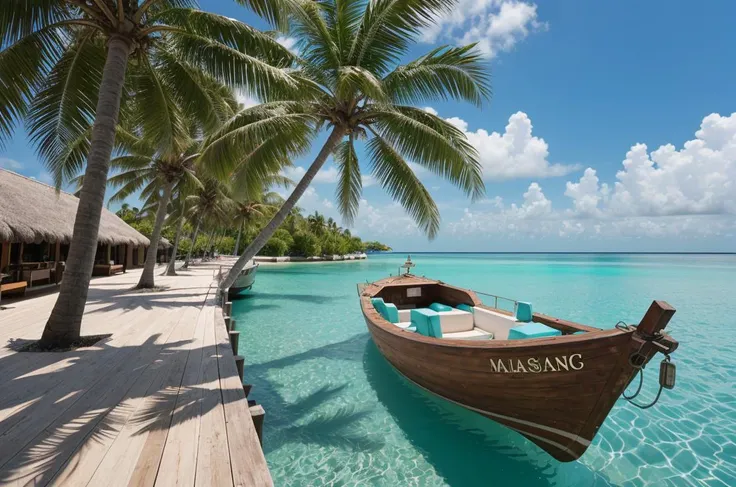 Best quality, masterpiece, ultra high res,photorealistic,(wide shot:1.4),detailed light,detailed photo,(There are no people, but only the background),cinematic light,masterpiece_portrait, finely_detailed, intricate_details, detailed_background,Capture the peacefulness of a Maldivian village, nestled among coconut palm trees and surrounded by turquoise waters.,Photograph the intricate craftsmanship of a Maldivian traditional wooden boat, capturing the attention to detail and the rich maritime heritage., <lora:epi_noiseoffset2:0.5>