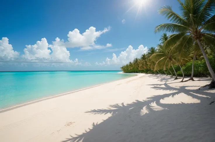 Best quality, masterpiece, ultra high res,photorealistic,(wide shot:1.4),detailed light,detailed photo,(There are no people, but only the background),cinematic light,masterpiece_portrait, finely_detailed, intricate_details, detailed_background,Capture the pristine white sand and impossibly clear turquoise waters of a secluded Maldivian beach, untouched by human presence.,Compose a wide-angle shot of a Maldivian private sandbank, surrounded by shimmering turquoise waters and providing a secluded paradise., <lora:epi_noiseoffset2:0.5>
