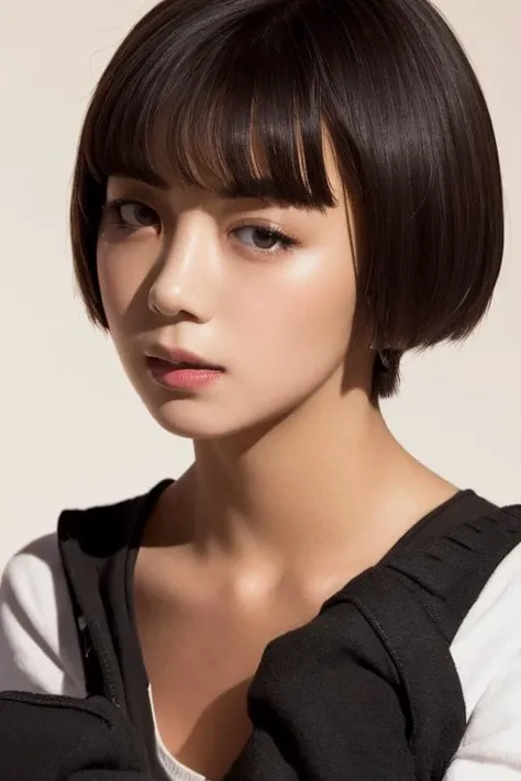 elaizaikedareal, (masterpiece), 1 girl, looking at viewer, upper body, short hair, black hair, black eyes, white shirt, white background, <lora:elaizaikedalora:1>,