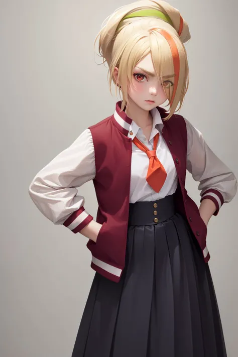 (masterpiece, best quality:1.2), <lyco:zombielandsaga_nikaidou-11:1.0>, cowboy shot, solo, 1girl, nikaidou saki, expressionless, closed mouth, looking at viewer, hands on hips, hair over one eye, ponytail, red eyes, letterman jacket, necktie, pleated skirt, long skirt