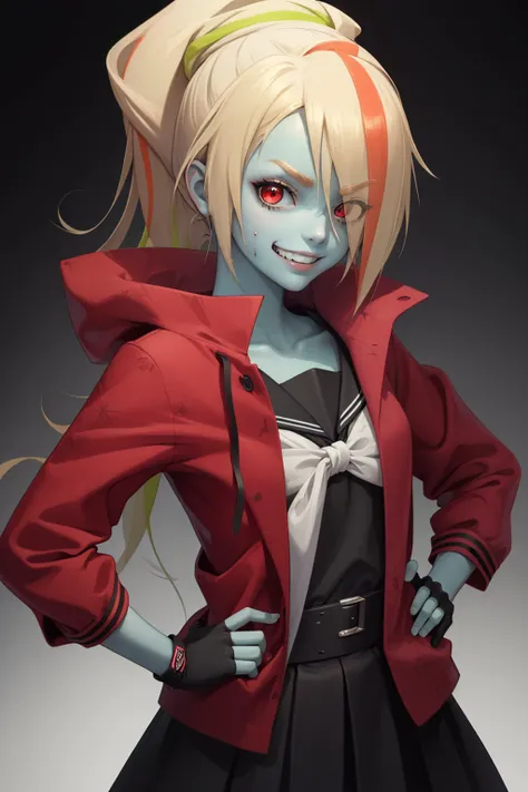 (masterpiece, best quality:1.2), <lyco:zombielandsaga_nikaidou-11:1.0>, solo, 1girl, nikaidou saki, zombie, colored skin, green skin, grin, looking at viewer, hands on hips, hair over one eye, ponytail, red eyes, red coat, serafuku, black skirt, fingerless gloves