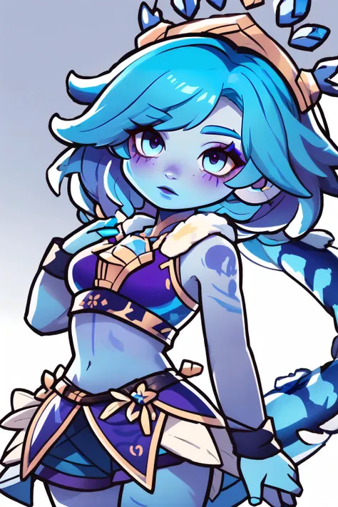 (masterpiece, best quality), intricate details,
(1girl),<lora:winder_neeko:0.8> winder_neeko, blue hair,short hair,blue lizard tail, twin braids,color tattoo,purple eyeshadow, freckles. eyeshadow, facial mark,magic,ice (blue skin:1.3)