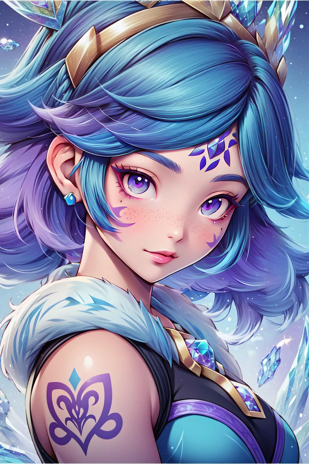 (masterpiece, best quality), intricate details,
1girl, <lora:winder_neeko:0.8> winder_neeko, blue hair,short hair,crop top,short,blue lizard tail, twin braids, headpiece, fur collar, necklace,color tattoo,purple eyeshadow, freckles. eyeshadow, facial mark,magic,ice