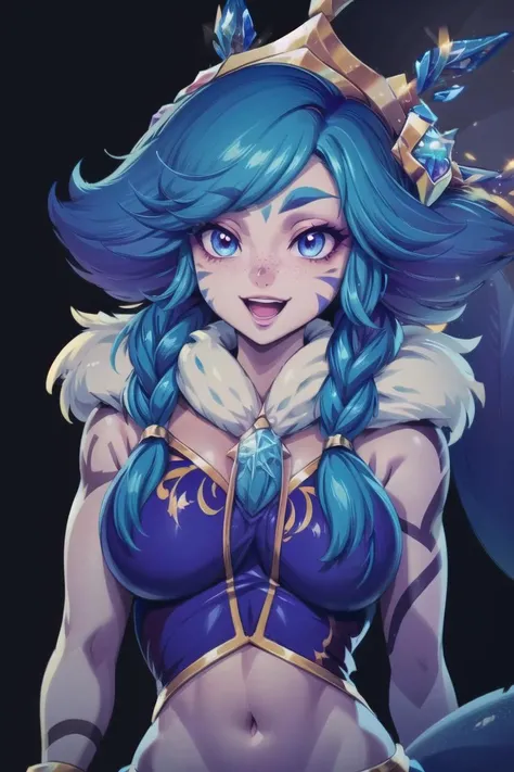 (masterpiece:1.2, best quality:1.2, beautiful, high quality, highres:1.1, aesthetic), <lora:add_detail:0.5> ,detailed, extremely detailed, ambient soft lighting, 4K, perfect eyes, perfect face, perfect lighting, 1girl, bare shoulders, bracelet, breasts,
magic,ice,
<lora:winder_neeko:1>,winder_neeko,blue hair,short hair,crop top,short,lizard tail, twin braids, headpiece, fur collar, necklace,color tattoo,purple eyeshadow, freckles, eyeshadow, facial mark, looking_at_viewer,snowflake background, blue tail,winder forest, upper body, smile,:d,
snowflake background,