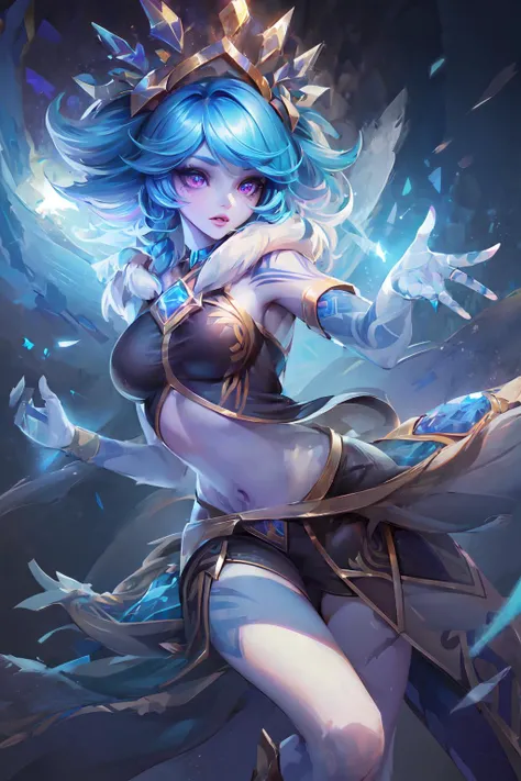 (masterpiece:1.2, best quality), (finely detailed beautiful eyes: 1.2), (extremely detailed CG unity 8k wallpaper, masterpiece, best quality, ultra-detailed, best shadow), (detailed background), (beautiful detailed face, beautiful detailed eyes), High contrast, (best illumination, an extremely delicate and beautiful),1girl, dynamic angle,beautiful detailed glow,full body, cowboy shot,<lora:add_detail:0.3> ,ice,magic,
<lora:winder_neeko:0.8>,blue hair,short hair,crop top,short,lizard tail, twin braids, headpiece, fur collar, necklace,color tattoo,purple eyeshadow, freckles, eyeshadow, facial mark, looking_at_viewer,snowflake background, blue tail,forest, posing,standing,