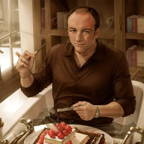 <lora:inthetub:0.5> inthetub, cromulent <lora:TonySoprano:1> TonySoprano, opera cake, library