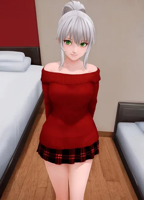 Harem_Hotel_android, 1girl, solo, looking at viewer, smile, skirt, bare shoulders, green eyes, ponytail, white hair, indoors, off shoulder, sweater, gun, plaid, bed, plaid skirt, arms behind back, ribbed sweater, off-shoulder sweater, <lora:Harem_Hotel_android-10:0.6>, (Heterochromia iridum, right eye white, left eye red, unique condition, striking contrast, pure white, vibrant red, mesmerizing appearance,)