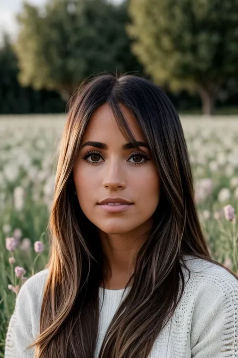 photo of beautiful (anton3lla:0.99), a woman in a (field of flowers:1.1), perfect hair, wearing (custom-made:1.1), modelshoot style, (extremely detailed CG unity 8k wallpaper), professional majestic (photography by tim walker:1.1), nikon, 24mm, exposure blend, hdr, faded, trending on ArtStation, trending on CGSociety, extremely intricate, High Detail, Sharp focus, dramatic, soft cinematic light, (looking at viewer), (detailed pupils)