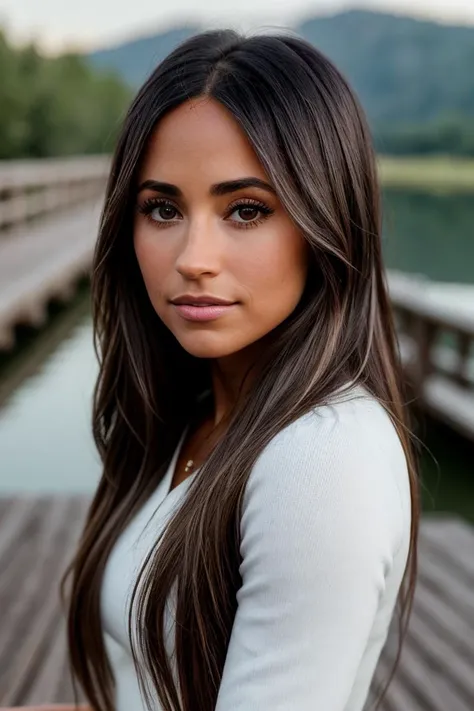 photo of beautiful (anton3lla:0.99), a woman in a (wooden bridge:1.1), perfect hair, wearing (tailored:1.1), modelshoot style, (extremely detailed CG unity 8k wallpaper), professional majestic (photography by  joel meyerowitz:1.1), nikon, 24mm, exposure blend, hdr, faded, trending on ArtStation, trending on CGSociety, extremely intricate, High Detail, Sharp focus, dramatic, soft cinematic light, (looking at viewer), (detailed pupils)