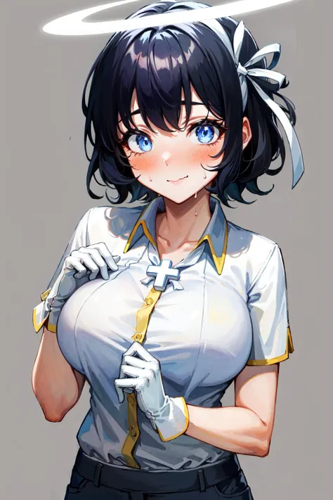 masterpiece, best quality, 1girl, ribbon, halo, blue eyes, collarbone, white ribbon, white gloves, smile, cross, sweat, shirt, collared shirt, black hair, short hair, short sleeves, pants,large breasts, blush, hair ribbon, looking at viewer, white shirt, gloves, (wavy mouth), simple background,