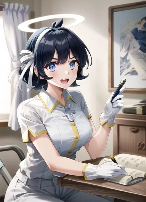 ((best quality)), ((highly detailed)), masterpiece, (detailed eyes, deep eyes), (1girl), cowboy shot, <lora:azazel:.9>, azazel(helltaker), short hair, black hair, blue eyes, hair ribbon, halo, open mouth smile, cross, white shirt, collared shirt, white pants, white gloves, white footwear, holding pen, (indoors, at a hospital)