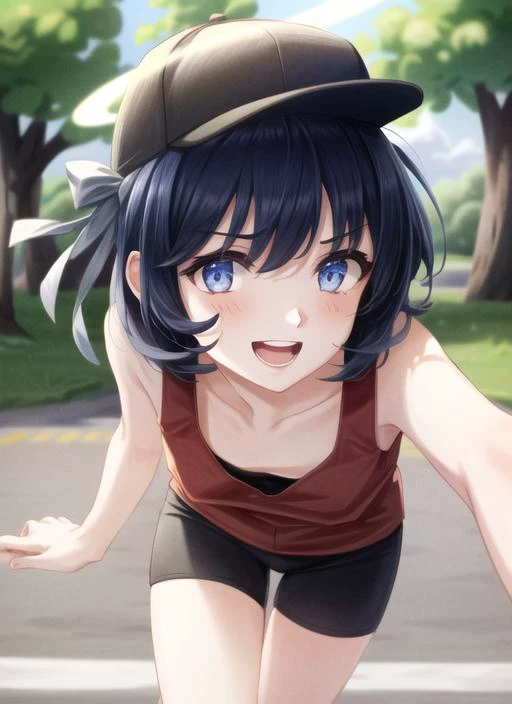 ((best quality)), ((highly detailed)), masterpiece, detailed face, beautiful face, (detailed eyes, deep eyes), (1girl), cowboy shot, <lora:hairdetailer:.7>, <lora:azazel:1>, azazel(helltaker), short hair, black hair, blue eyes, hair ribbon, halo, open mouth smile, BREAK, black baseball cap, (red tank top), black bike shorts, black shoes