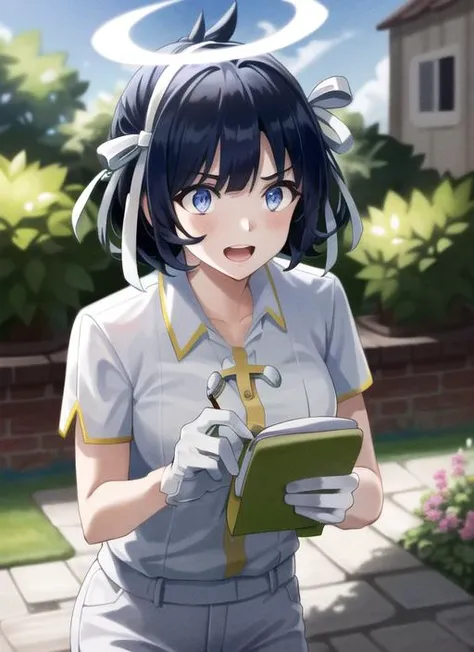 ((best quality)), ((highly detailed)), masterpiece, detailed face, beautiful face, (detailed eyes, deep eyes), (1girl), cowboy shot, <lora:azazel:1>, azazel(helltaker), short hair, black hair, blue eyes, hair ribbon, halo, open mouth smile, cross, white shirt, collared shirt, white pants, white gloves, white footwear, holding notepad, (in a garden)
