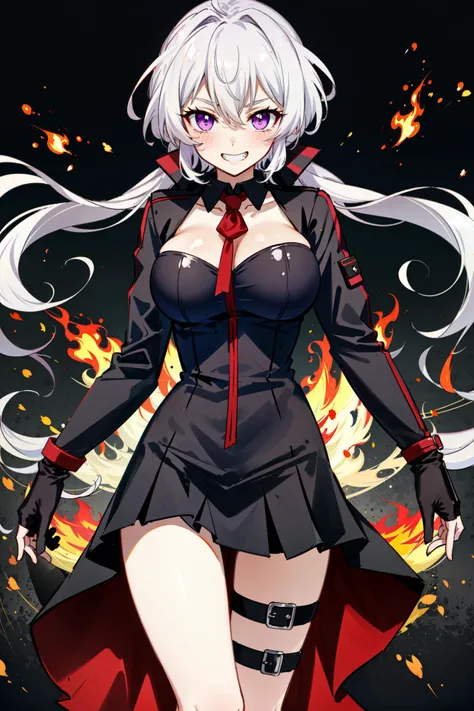 best quality, masterpiece,
,short, huge breasts, white hair,low twintails, purple eyes, yukine chris, thin twintails,
long_skirt, serafuku, yankee, leather collar, heavy metal, mask, wasteland, fire, flame, mocking, evil grin, leather jacket, leather gloves,