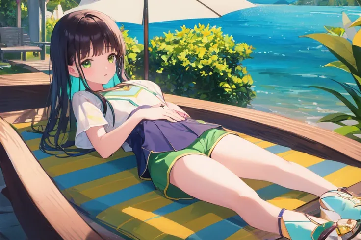 masterpiece, best quality, detailed, wallpaper,
1girl, solo,
<lora:chiya_v3:1>,
leaf green short sleeve, yellow shorts, dark blue triangular pointed,
seaside,
cyan blue bench, lake blue trays, purple leaves,