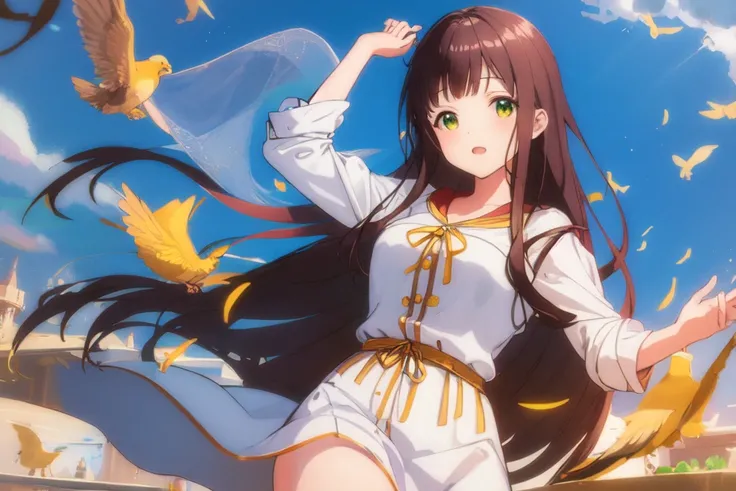 masterpiece, best quality, detailed, wallpaper,
solo, 1girl,
<lora:chiya_v3:1>,
blue long sleeve, scarlet shirt, gold shawl,
raise arm, look up head, jumping leg, pick up hand,
seaside,
yellow birds, sky blue birds, black cake pans,