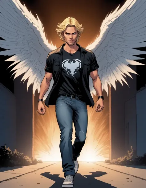 1boy, (supernatural), comic book art, mark pelligrino as lucifer, blonde hair, torn clothes, tshirt, denim pants, dad vibes, snarky demonic look, male focus, solo, extreme light and shadow, specular highlights, lucifer from supernatural, art by ed benes, flying, outdoors, full body, cinematic lighting, cinematic angle, masterpiece, best quality