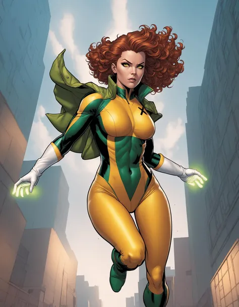 1girl, (X-men), (marvel comics), two tone hair, auburn hair, white hair, curly hair, dyed bangs, yellow and green body suit, yellow gloves, brown bomber jacket, art by Ed Benes and Joe Madureira, flying, outdoors, full body, cinematic lighting, cinematic angle, masterpiece, best quality