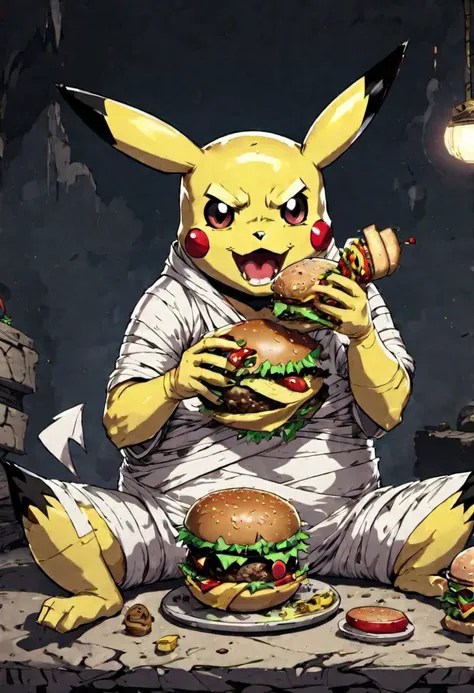 mummy style, pikachu eating a hamburger