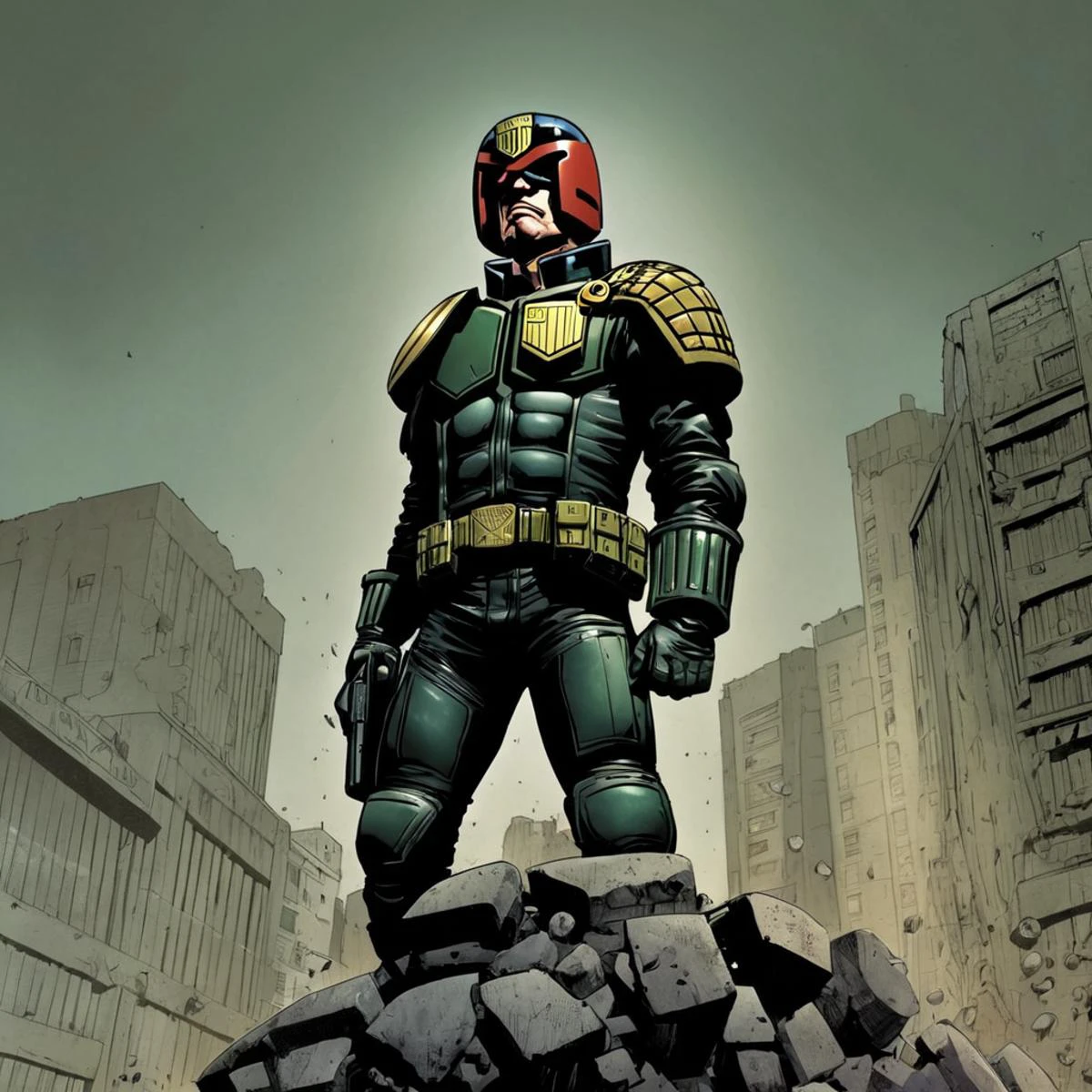 judge dredd, 2000AD style, by Garth Ennis, dark fantasy, grimdark, depressed, suicidal, standing on a precipice