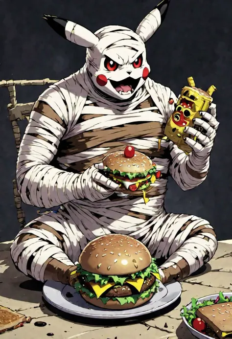 mummy style, pikachu eating a hamburger