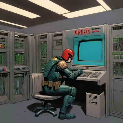 judge dredd, 2000AD style, by John Wagner, alone, solo, reading a technical manual, in front of a 1980s IBM Mainframe computer,