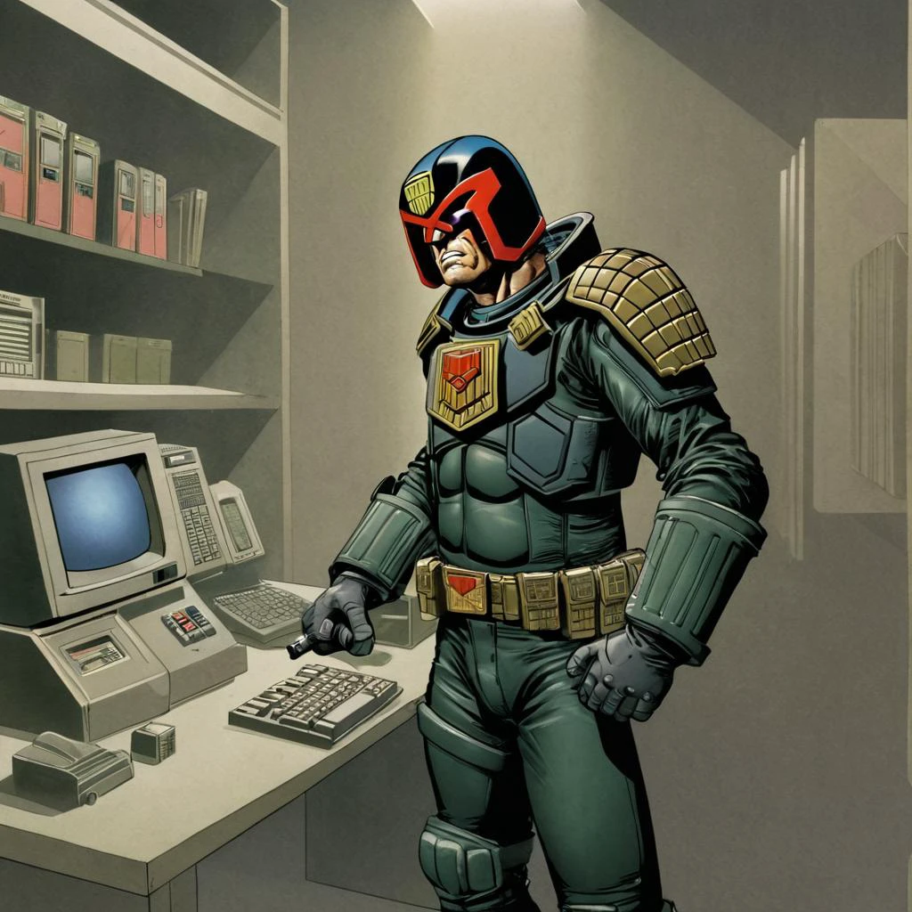 judge dredd, 2000AD style, by John Wagner, alone, solo, reading a technical manual, holding his sidearm, in front of a 1980s IBM Mainframe computer,