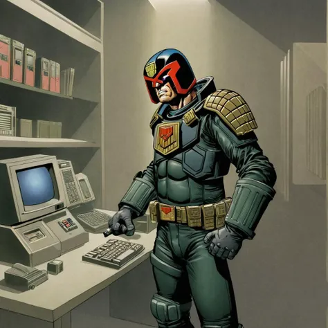 judge dredd, 2000AD style, by John Wagner,  alone, solo,  reading a technical manual, holding his sidearm, in front of a 1980s IBM Mainframe computer,