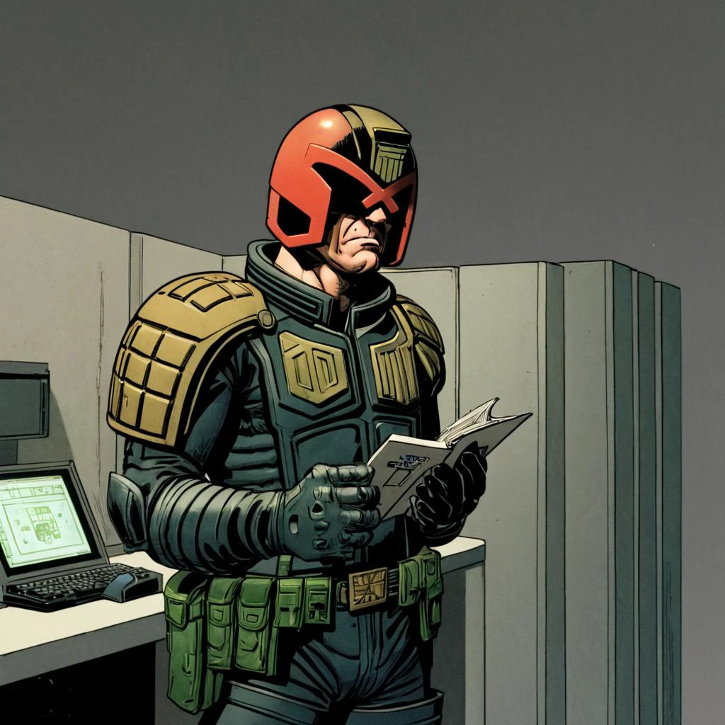 judge dredd, 2000AD style, by John Wagner, alone, solo, reading a technical manual, holding his sidearm, in front of a 1980s IBM Mainframe computer,