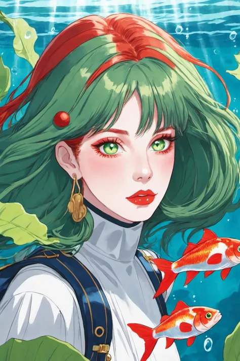 1girl, solo, long hair, looking at viewer, green eyes, red hair, parted lips, water, lips, leaf, looking up, monster girl, partially submerged, freckles, fish, underwater, air bubble,