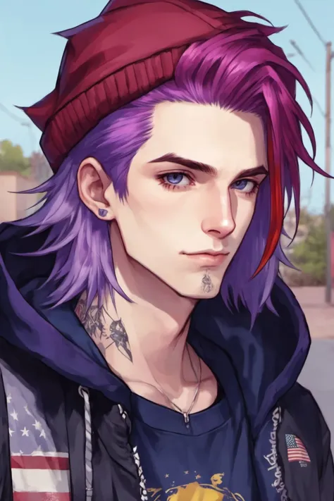 1boy, male focus, pale skin, american, long hair, fluffy hair, two tone hair, purple hair, multicolored hair, red hair, navy blue hair, hooded jacket, tshirt, portrait, upper body, tattoos, anarchist vibes, clean shaven