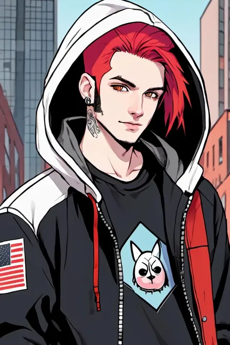 1boy, male focus, femboy vibes, pale skin, american, long hair, fluffy hair, two tone hair, red hair, black hair, hooded jacket, tshirt, portrait, upper body, tattoos, friendly, smirk, clean shaven, city background, best illustration