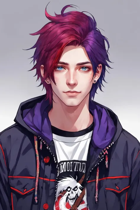 1boy, male focus, pale skin, american, long hair, fluffy hair, two tone hair, purple hair, multicolored hair, red hair, navy blue hair, hooded jacket, tshirt, portrait, upper body, tattoos, anarchist vibes, clean shaven