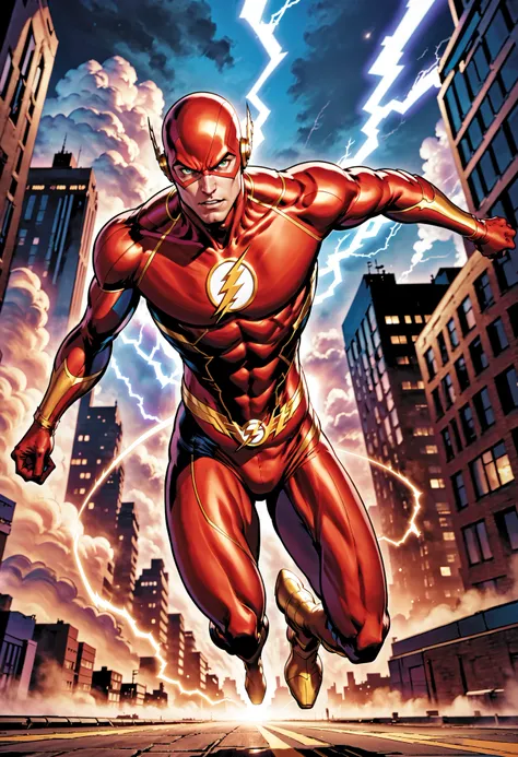 iboy, male focus, solo, looking at viewer, red body suit, lightning bolt symbol, flying through the sky, fight pose, thunderstorm, gold eyes, body suit, the flash, dc comics, lightning bolt streaks, lightning fast, outdoors, city, sky, clouds, running,