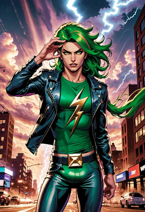 1boy, male focus, solo, hands behind head, sexy smirk, makeup, thick lips, wink, one eye closed, long hair, big hair, green hair, leather jacket, sexy dress, drag queen style, lightning bolt symbol, thunderstorm, gold eyes, hands behind head, outdoors, city, sky, clouds