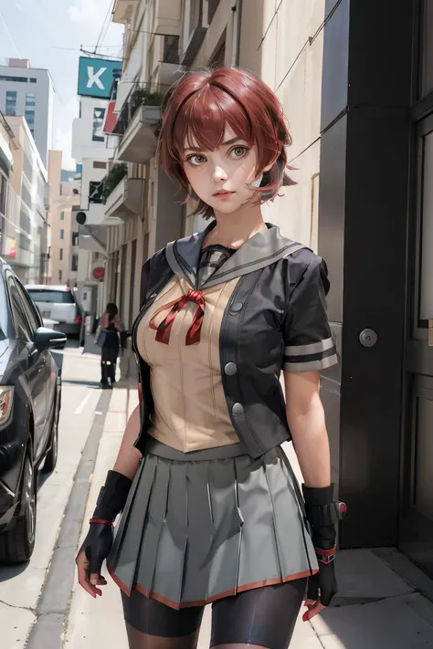 (masterpiece, best quality), 1girl,  <lora:kinu:1> kinukainiKC, 1girl, solo, short hair, school uniform, jacket, short sleeves, pleated skirt, shorts, serafuku, sailor collar, red ribbon, black jacket,neck ribbon, grey skirt, partially fingerless gloves, shorts under skirt, grey sailor collar