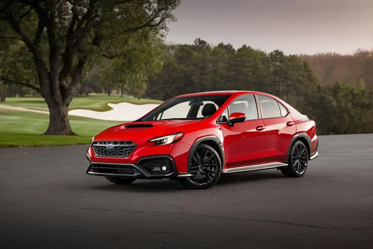 <lora:wrx_xl_lora:1> a beautiful car, a wrx, red, parked on a golf green