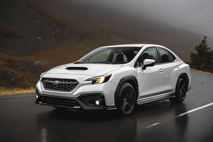 <lora:wrx_xl_lora:1> a beautiful car, a wrx, white, driving on a mountain road, foggy
